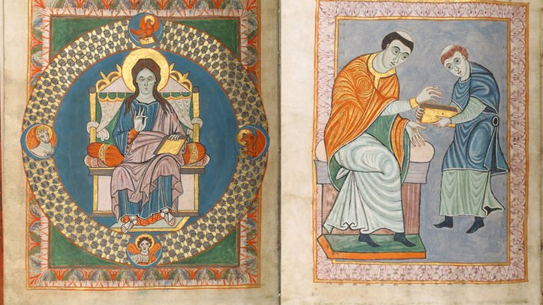 Majestas Domini (li) und Mönch Anno übergibt dem Kölner Domherrn Gero den Codex (re), Gero-Codex, Kloster Reichenau, vor 969